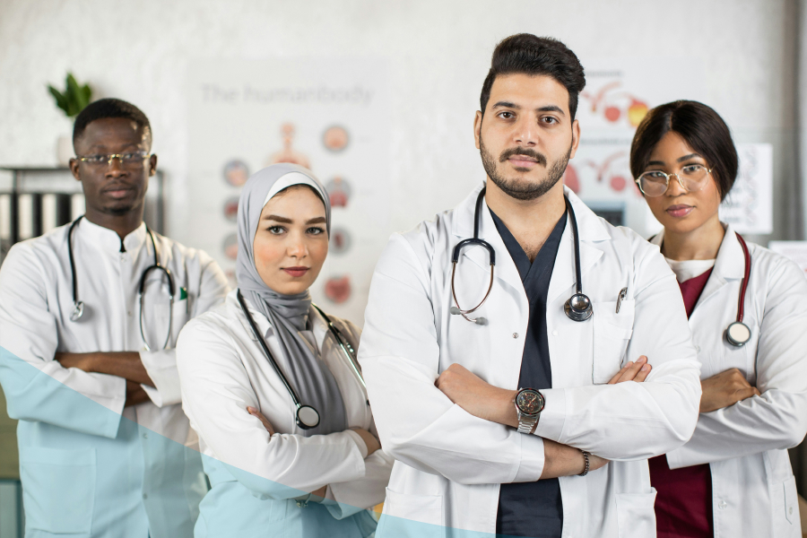 Group of four diverse physicians