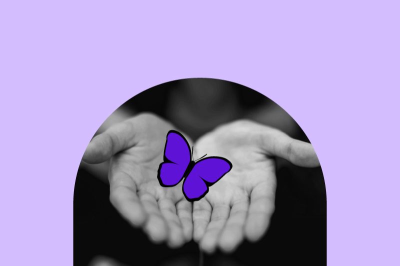 Purple butterfly hovering over pair of open hands